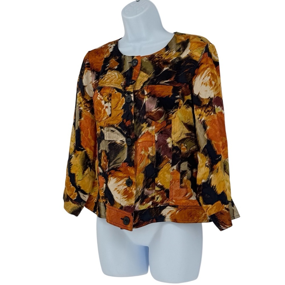 Pendleton Petite Abstract Artsy 100% Silk Button-down Jacket Orange Black Medium